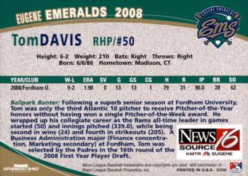 2008 Grandstand Eugene Emeralds #NNO Tom Davis Back