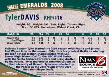 2008 Grandstand Eugene Emeralds #NNO Tyler Davis Back