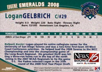 2008 Grandstand Eugene Emeralds #NNO Logan Gelbrich Back