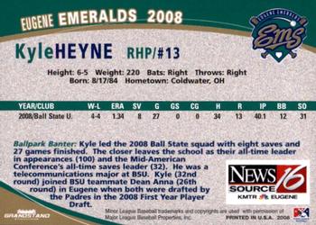 2008 Grandstand Eugene Emeralds #NNO Kyle Heyne Back