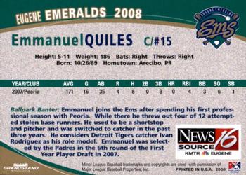 2008 Grandstand Eugene Emeralds #NNO Emmanuel Quiles Back