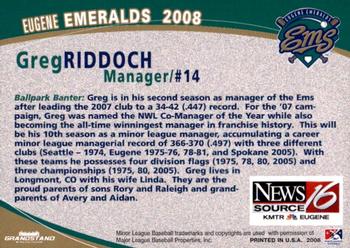 2008 Grandstand Eugene Emeralds #NNO Greg Riddoch Back