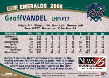 2008 Grandstand Eugene Emeralds #NNO Geoff Vandel Back