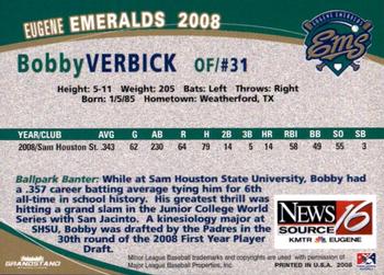 2008 Grandstand Eugene Emeralds #NNO Bobby Verbick Back