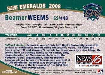 2008 Grandstand Eugene Emeralds #NNO Beamer Weems Back
