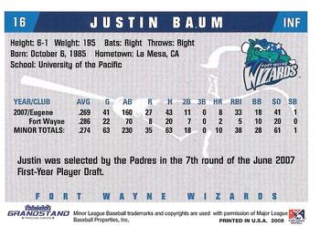 2008 Grandstand Fort Wayne Wizards #NNO Justin Baum Back