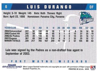 2008 Grandstand Fort Wayne Wizards #NNO Luis Durango Back