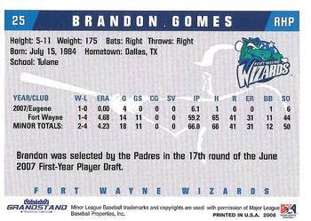 2008 Grandstand Fort Wayne Wizards #NNO Brandon Gomes Back