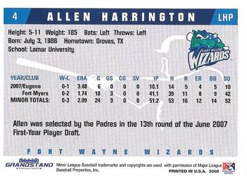 2008 Grandstand Fort Wayne Wizards #NNO Allen Harrington Back