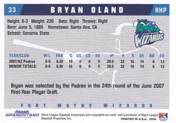 2008 Grandstand Fort Wayne Wizards #NNO Bryan Oland Back