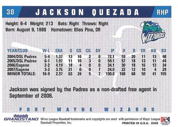 2008 Grandstand Fort Wayne Wizards #NNO Jackson Quezada Back