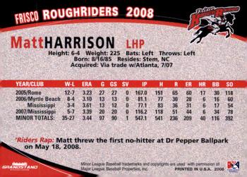 2008 Grandstand Frisco RoughRiders #NNO Matt Harrison Back