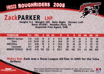 2008 Grandstand Frisco RoughRiders #NNO Zach Parker Back
