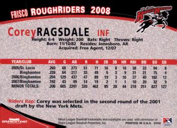 2008 Grandstand Frisco RoughRiders #NNO Corey Ragsdale Back