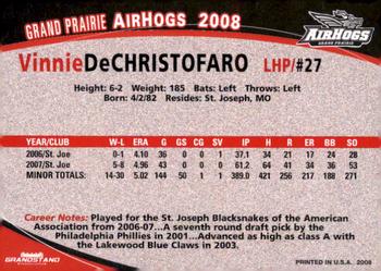 2008 Grandstand Grand Prairie AirHogs #NNO Vinnie DeChristofaro Back
