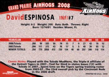 2008 Grandstand Grand Prairie AirHogs #NNO David Espinosa Back