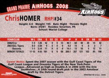 2008 Grandstand Grand Prairie AirHogs #NNO Chris Homer Back