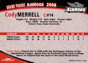 2008 Grandstand Grand Prairie AirHogs #NNO Cody Merrell Back