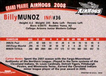 2008 Grandstand Grand Prairie AirHogs #NNO Billy Munoz Back