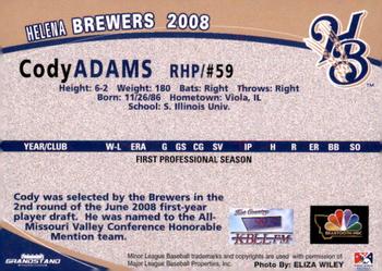 2008 Grandstand Helena Brewers #NNO Cody Adams Back