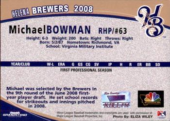 2008 Grandstand Helena Brewers #NNO Michael Bowman Back