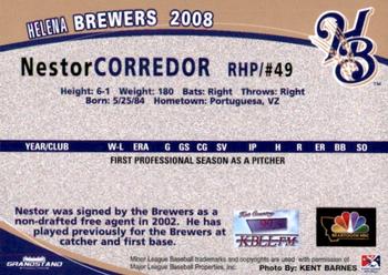 2008 Grandstand Helena Brewers #NNO Nestor Corredor Back