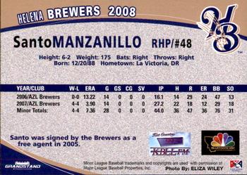 2008 Grandstand Helena Brewers #NNO Santo Manzanillo Back