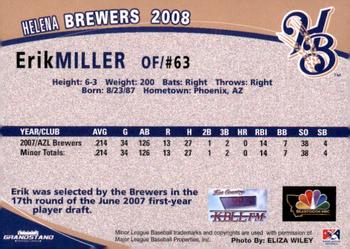2008 Grandstand Helena Brewers #NNO Erik Miller Back