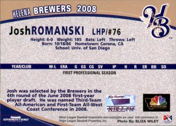 2008 Grandstand Helena Brewers #NNO Josh Romanski Back