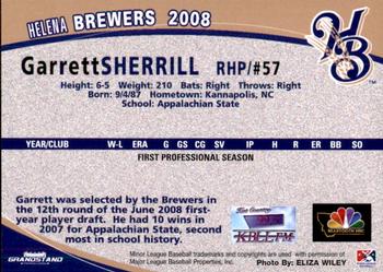 2008 Grandstand Helena Brewers #NNO Garrett Sherrill Back