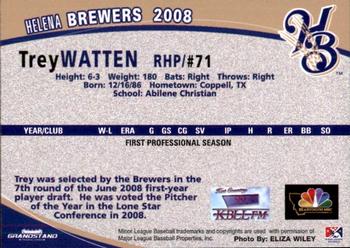 2008 Grandstand Helena Brewers #NNO Trey Watten Back