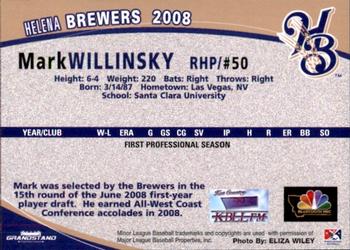 2008 Grandstand Helena Brewers #NNO Mark Willinsky Back