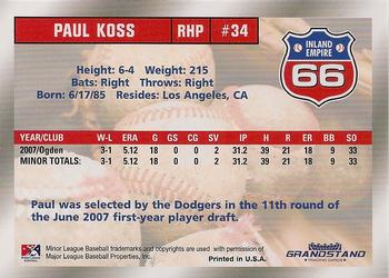2008 Grandstand Inland Empire 66ers #NNO Paul Koss Back