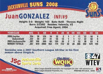 2008 Grandstand Jacksonville Suns #12 Juan Gonzalez Back