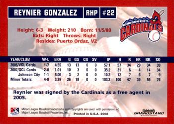 2008 Grandstand Johnson City Cardinals #NNO Reynier Gonzalez Back