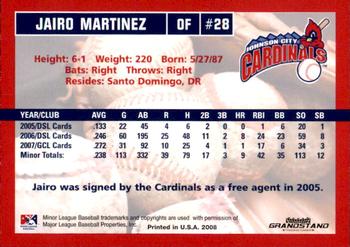 2008 Grandstand Johnson City Cardinals #NNO Jairo Martinez Back