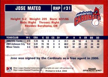 2008 Grandstand Johnson City Cardinals #NNO Jose Mateo Back