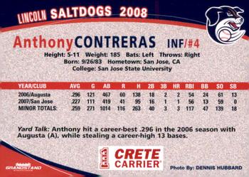 2008 Grandstand Lincoln Saltdogs #NNO Anthony Contreras Back
