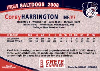 2008 Grandstand Lincoln Saltdogs #NNO Corey Harrington Back