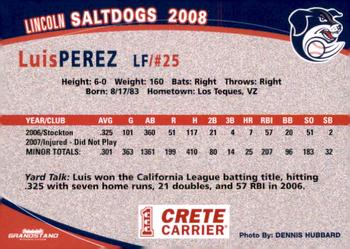 2008 Grandstand Lincoln Saltdogs #NNO Luis Perez Back