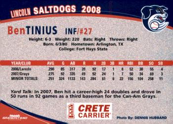 2008 Grandstand Lincoln Saltdogs #NNO Ben Tinius Back