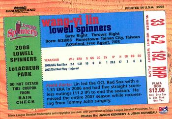 2008 Grandstand Lowell Spinners Update #NNO Wang-Yi Lin Back