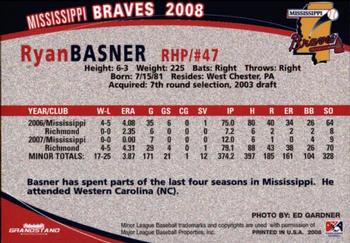 2008 Grandstand Mississippi Braves #NNO Ryan Basner Back