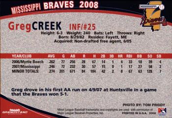 2008 Grandstand Mississippi Braves #NNO Greg Creek Back