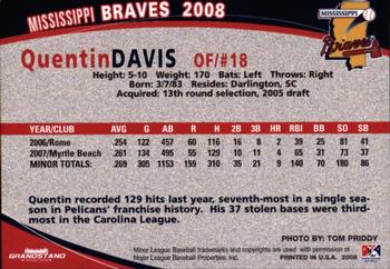 2008 Grandstand Mississippi Braves #NNO Quentin Davis Back