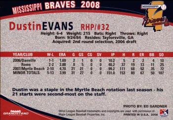 2008 Grandstand Mississippi Braves #NNO Dustin Evans Back