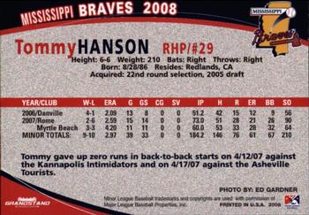 2008 Grandstand Mississippi Braves #NNO Tommy Hanson Back