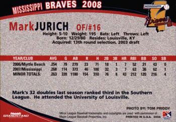2008 Grandstand Mississippi Braves #NNO Mark Jurich Back