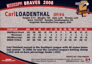 2008 Grandstand Mississippi Braves #NNO Carl Loadenthal Back