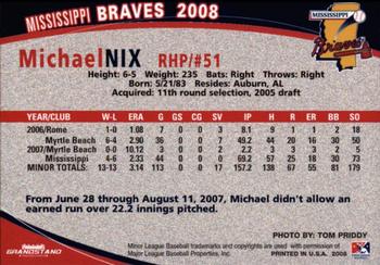 2008 Grandstand Mississippi Braves #NNO Michael Nix Back